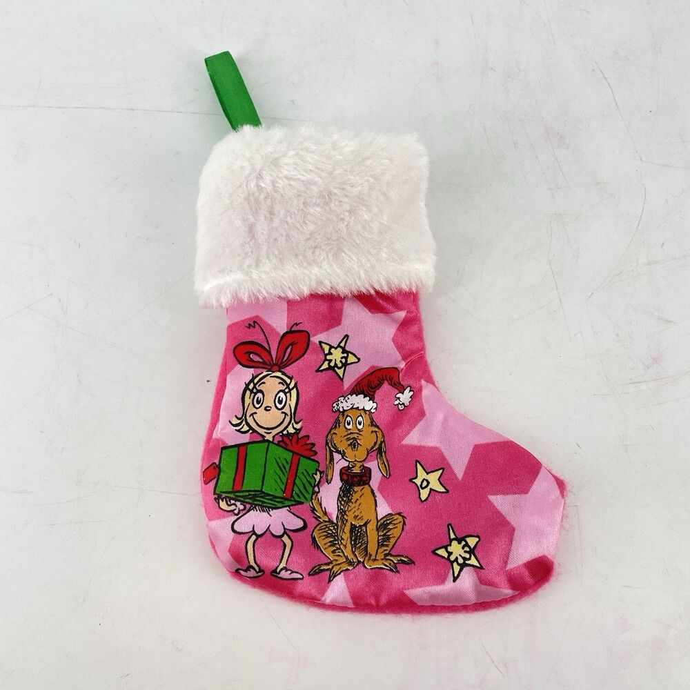 Dr. Seuss Grinch Cindy Lou Who & Max Pink Mini Christmas Stocking 6”